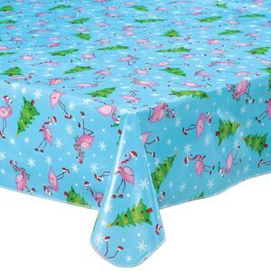 Festive Pink Flamingos Vinyl Tablecoth 60 X 90-in Holiday Blue Green Gift NEW